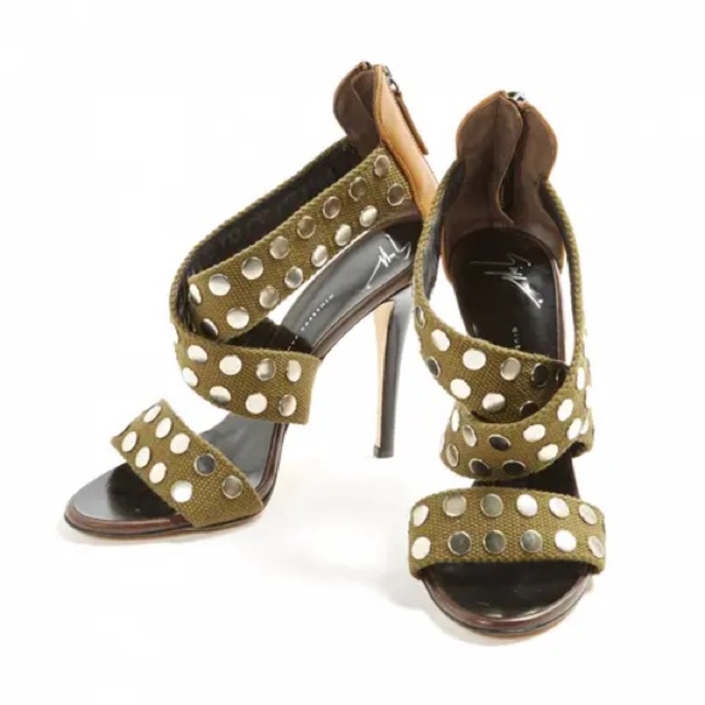 Green and Tan Studded Heels with Cage Straps